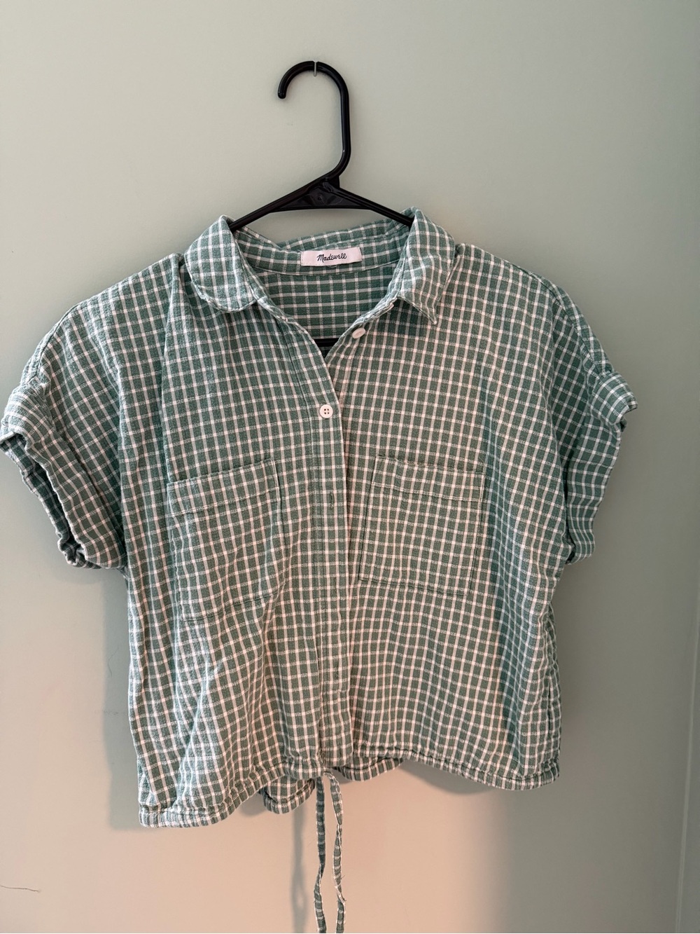 Madewell Green Windowpane Tie-Hem Button Front Top